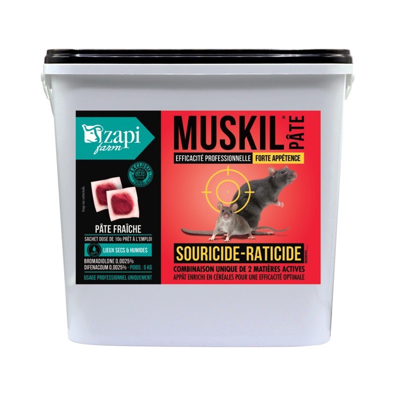 SOURICIDE RATICIDE PRO MUSKIL PATE DIFENACOUM & BROMADIOLONE SACHET 10G / SEAU 5KG